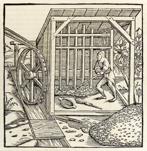 Minería con rueda hidráulica, de la edición de 1550 de 