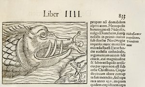 Ballena monstruosa devorando humanos, de la edición de 1550 de 
