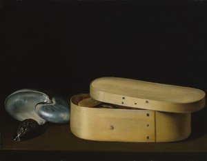 Naturaleza muerta con conchas y una caja de madera, finales de la década de 1620