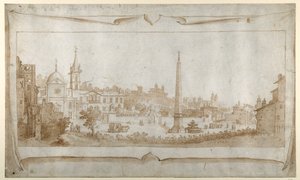 Diseño para un frontispicio con una vista de Roma dentro de la Porta del Popolo y una vista del Pincio de Sebastian Vrancx