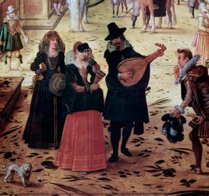 Paisaje con Villa Médicis en Roma, Italia (Paisaje con Villa Médicis, Roma, Italia) Detalle Caminantes Elegantes y Músicos en el Parque - Pintura de Sebastian Vrancx (1573-1647) Siglo XVII Nápoles, Museo Nacional de Capodimonte