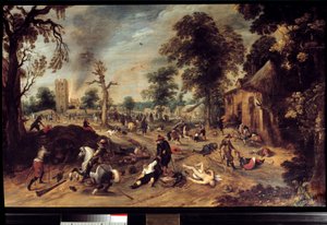 Saqueo en un pueblo Un grupo de jinetes saqueó y masacró a los habitantes de un pueblo, el cuerpo de una mujer desnuda yace en el suelo, otra es arrastrada por el cabello. Pintura de Sebastien Vrancx de Sebastian Vrancx