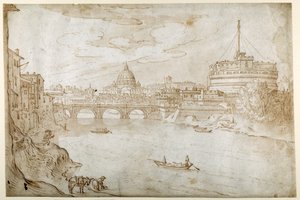 Vista del Tíber mirando hacia San Pedro con el Palacio Vaticano y el Castel S. Angelo de Sebastian Vrancx