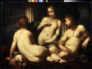 Las tres Gracias. (Las Tres Gracias). Pintura de Sebastiano Mazzoni (1611-1678), alrededor de 1650. Arte de estilo barroco florentino. Óleo sobre tela. Museo Pushkin de Bellas Artes, Moscú
