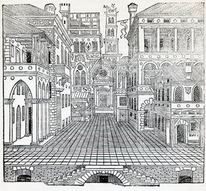 Escena mágica, diseño escénico teatral por Sebastiano Serlio, ilustración de Tratado de Arquitectura, Libro II de Sebastiano Serlio