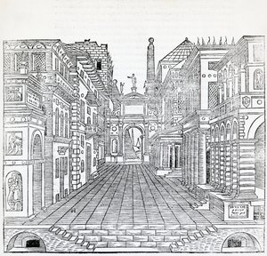 Escena mágica, diseño escénico teatral por Sebastiano Serlio, ilustración de Tratado de Arquitectura, Libro II