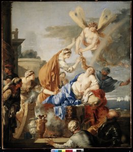 La mort de Dido"" (La muerte de Dido) Dido, reina de Cartago, incapaz de soportar el abandono de Eneas, prefiere suicidarse en la hoguera con la espada de Eneas. La diosa Iris corta con unas tijeras el pelo de Dido, símbolo del paso entre el