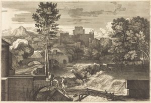 Paisaje con dos figuras en un puente de Sébastien Bourdon