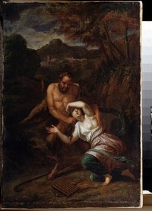 "Pan et la nymphe Syrinx" (Pan y la ninfa Syrinx) Peinture de Sebastien Bourdon (1616-1671) 17eme siecle State Open-air Museum Palace Gatchina, Saint Petersbourg de Sébastien Bourdon