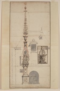 Projet de Mai des Gobelins permanent (anverso) (tiza negra, tiza roja, pluma y tinta negra y marrón, aguada gris, sobre dos hojas unidas)