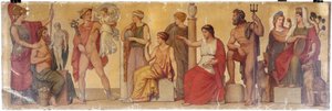 "Prometeo modelando al primer hombre", composición del atrio de la casa pompeyana del príncipe Napoleón, hacia 1860 (óleo sobre lienzo sobre madera) de Sebastien Melchior Cornu
