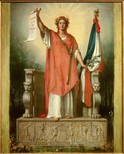 La república. Personificación de la República (Marianne) llevando un pergamino en el que está escrito 