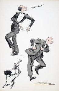 Dos hombres en trajes bailando mientras un músico toca la trompeta, de White Bottoms, pub. 1927