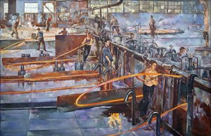 Le plan quinquennal - El taller de laminación en caliente de la Fábrica de Clavos Rojos en Leningrado par Pavlov, Semyon Andreevich (1893-1941). Óleo sobre lienzo, tamaño : 181x270