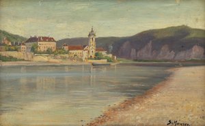 Vista de Dürnstein desde la orilla opuesta del Danubio de Serafin Maurer