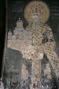 Rey Esteban Uroš II Milutin con un modelo de la iglesia, 1311-21 de Serbian School