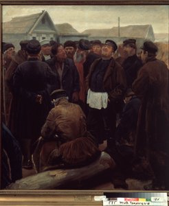 En la Reunión de la Comunidad del País. Grupo de campesinos rusos frente a granjas. Obra de Sergei Alexeyevich Korovin (1858-1908), óleo sobre papel