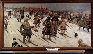 Campaña militar rusa en el siglo XVI; (Campaña militar de los rusos en el siglo XVI). Guerreros rusos sobre esquís avanzando por la nieve. Pintura de Sergei Vasilyevich Ivanov (1864-1910), óleo sobre lienzo