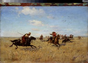 Lucha entre cosacos y tártaros del Dniéper - Pintura de Sergei Ivanovich Vasilkovsky (1854-1917), óleo sobre lienzo de Sergei Ivanovich Vasilkovsky