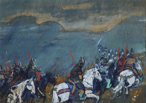 Ejército del Zar Dodón. Ilustración para el cuento El gallo de oro de A. Pushkin de Sergei Vasilievich Malyutin