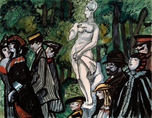 En el jardín de verano. (Familias con sus mejores galas paseando alrededor de una estatua en San Petersburgo). Obra de Sergei Yurievich Sudeykin (Sergei Sudeikin) (1882-1946), lápiz, gouache y tinta sobre papel. Arte ruso