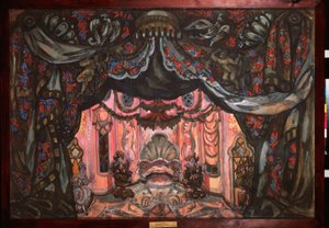 Decoración preparatoria de la obra "Las bodas de Fígaro" de Pierre Augustin (Pierre-Augustin) Caron de Beaumarchais (1732-1799). Obra de Sergei Yurievich Sudeykin (Serge Soudeikine) (1882-1946), gouache y témpera sobre cartón