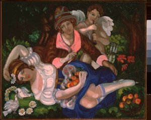 Escena alegórica (Una pareja de enamorados, rodeados de una pareja de palomas y Cupido tocando música). Pintura de Sergei Yurievich Sudeykin (Sergey Sudeikin) (1882-1946), óleo sobre lienzo, alrededor de 1910. Arte ruso, siglo XX, art nouveau, modernismo. de Sergei Yurevich Sudeikin