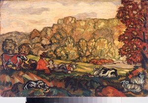 Scene pastorale (Escena pastoral) - Peinture de Sergei Yurievich Sudeykin (Serge Soudeikine) (1882-1946), huile sur toile, art russe debut 20th siecle - Primorsk State Art Gallery, Vladivostok (Russie) de Sergei Yurevich Sudeikin