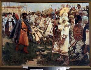 ""Cristianismo y paganismo"" Cristianización de Ucrania - Alegoría de las dos religiones cara a cara - Pintura de Sergei Ivanov (1864-1910) 1909 Museo Regional de Arte, Simferopol de Sergej Vasilevic Ivanov