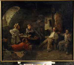 El refugio nocturno (Dosshouse). Conversación entre los residentes del refugio. Pintura de Sergey Ivanovich Krivolutsky (1869-1922), óleo sobre lienzo de Sergey Ivanovich Krivolutsky