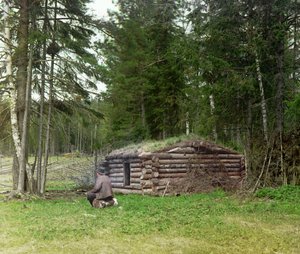 Un hombre frente a una cabaña para leñadores y kuria (quema de carbón) en el bosque, Imperio Ruso, entre 1905 y 1915