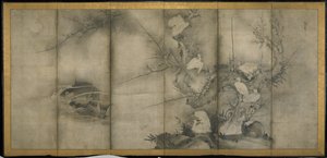 Sauce, garzas en ciruelo y sauce, pantalla plegable de seis paneles (tinta sobre papel) de Sesson Shkei