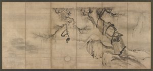 Monos y Árboles en una Ribera, período Momoyama de Sesson Shukei