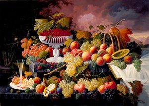 Naturaleza muerta de frutas en un paisaje