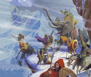 Aníbal (247-183 a.C.) cruza los Alpes (gouache sobre papel) de Severino Baraldi