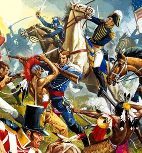 Indios americanos contra soldados americanos (gouache sobre papel) de Severino Baraldi