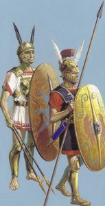 Soldados samnitas y romanos (gouache sobre papel) de Severino Baraldi