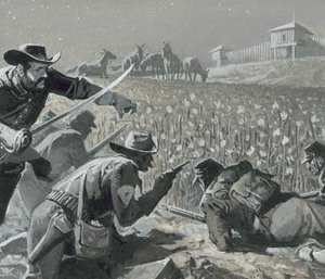 Con sus hombres ocultos, Fetterman esperó a que los indios merodeadores... de Severino Baraldi