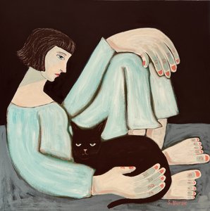 Mujer pensativa y gato negro de Sharyn Bursic