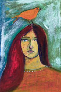 Mujer con un pájaro naranja de Sharyn Bursic