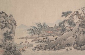 Paisaje con hombre cruzando un puente de Shen Zhou