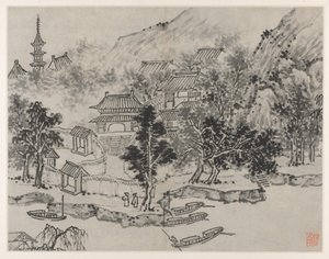 Doce vistas de la colina del tigre, Suzhou: Vista distante de la colina del tigre desde el amarre del canal, después de 1490