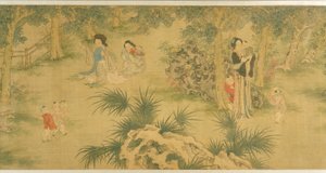 Mujeres y niños en un jardín (tinta y color sobre seda)