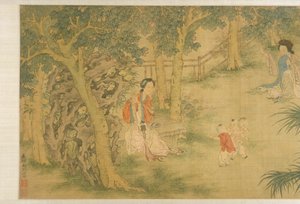 Mujeres y niños en un jardín (tinta y color sobre seda) de Shi Wang