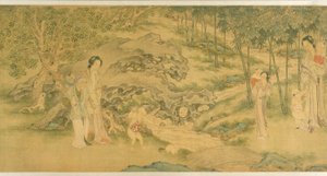 Mujeres y niños en un jardín (tinta y color sobre seda) de Shi Wang