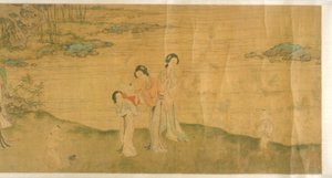Mujeres y niños en un jardín (tinta y color sobre seda) de Shi Wang