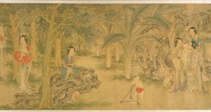 Mujeres y niños en un jardín (tinta y color sobre seda) de Shi Wang