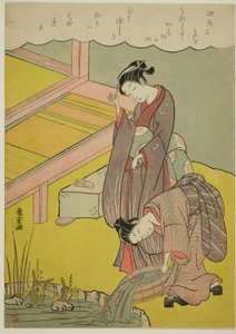 Niña arrojando peces al estanque de Shiba Kokan