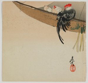 Gallinas posadas en una vela, era Meiji, finales del siglo XIX