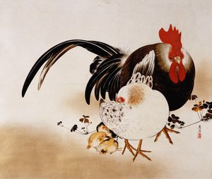 Pergamino colgante que representa un gallo, gallina y polluelos (laca coloreada sobre papel preparado) de Shibata Zeshin